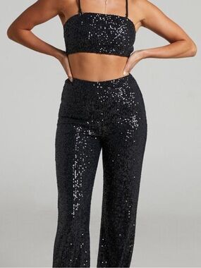High-Waisted Black Sequin Pants set with matching bandeau